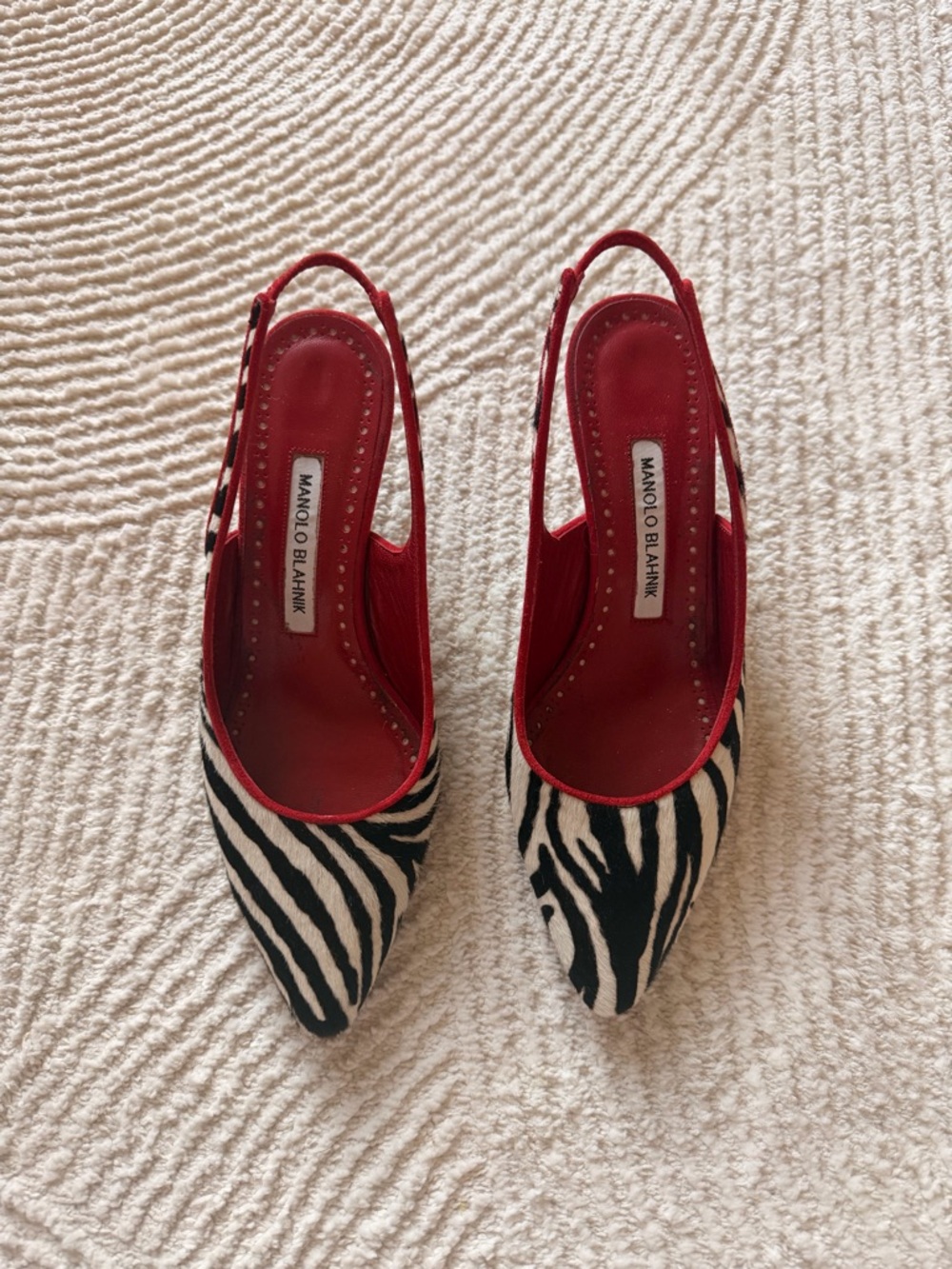 Vintage Manolo Blahnik Black-and-White Ponyhair Slingback Pumps with Red Trim - Picture 3 of 9